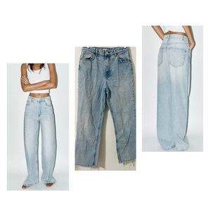 Zara Women’s Size 8 Blue Flare Wide Leg Jeans with Retro Charm Distressed Hems